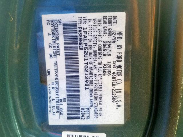 1FALP52U1TG212901 - 1996 FORD TAURUS GL GREEN photo 10