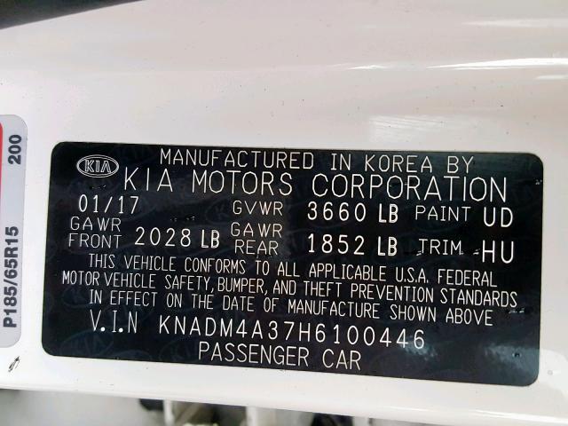 KNADM4A37H6100446 - 2017 KIA RIO LX WHITE photo 10