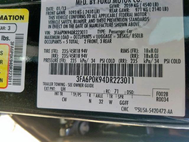 3FA6P0K94DR223011 - 2013 FORD FUSION TIT BLACK photo 10