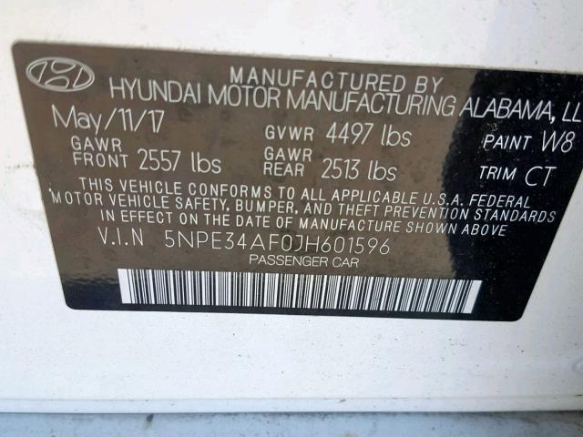 5NPE34AF0JH601596 - 2018 HYUNDAI SONATA SPO WHITE photo 10