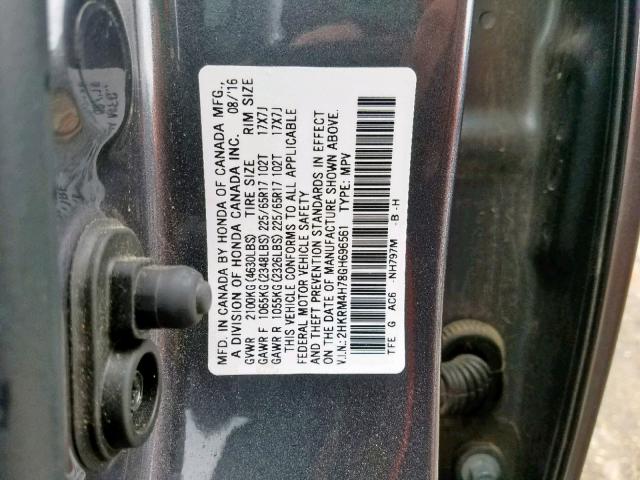 2HKRM4H78GH696561 - 2016 HONDA CR-V EXL CHARCOAL photo 10