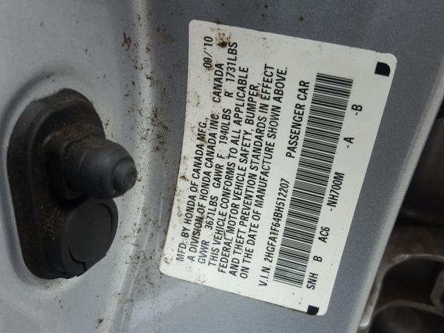 2HGFA1F64BH512207 - 2011 HONDA CIVIC LX-S فضي صورة 10