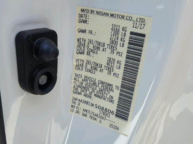 1N6AA1R85JN508806 - 2018 NISSAN TITAN S WHITE photo 10