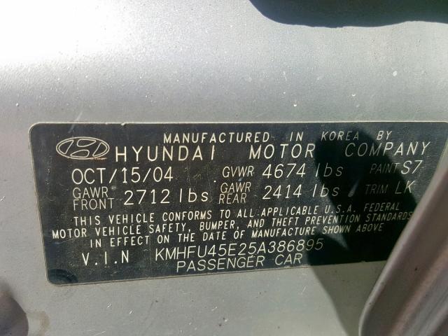 KMHFU45E25A386895 - 2005 HYUNDAI XG 350 SILVER photo 10