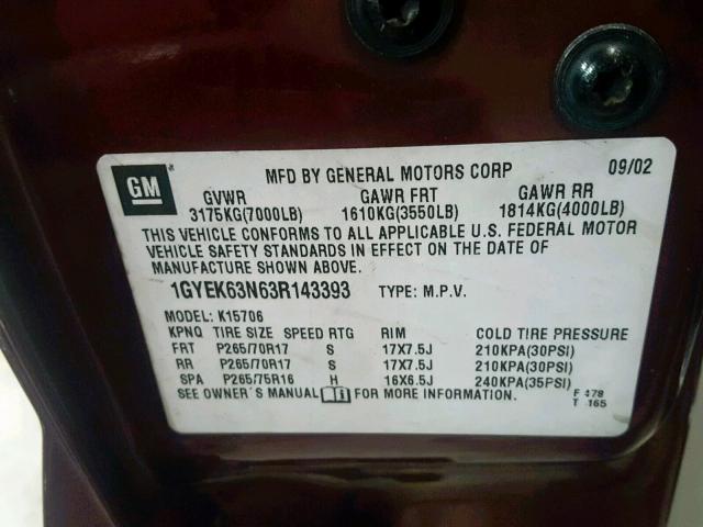 1GYEK63N63R143393 - 2003 CADILLAC ESCALADE L RED photo 10