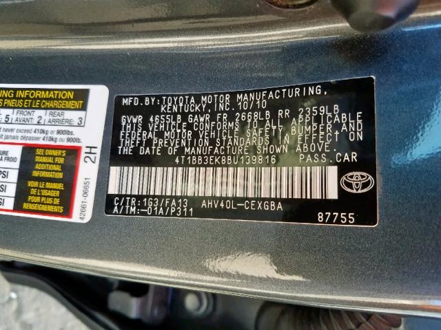 4T1BB3EK8BU139816 - 2011 TOYOTA CAMRY HYBR GRAY photo 10