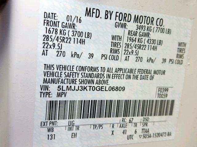 5LMJJ3KT0GEL06809 - 2016 LINCOLN NAVIGATOR თეთრი ფოტო 10