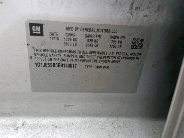 1G1JE5SB6G4140017 - 2016 CHEVROLET SONIC LTZ SILVER photo 10