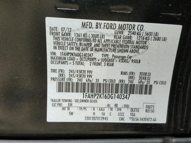 1FAHP2KT6DG140347 - 2013 FORD TAURUS SHO BLACK photo 10