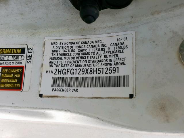 2HGFG129X8H512591 - 2008 HONDA CIVIC EXL 白色 照片 10