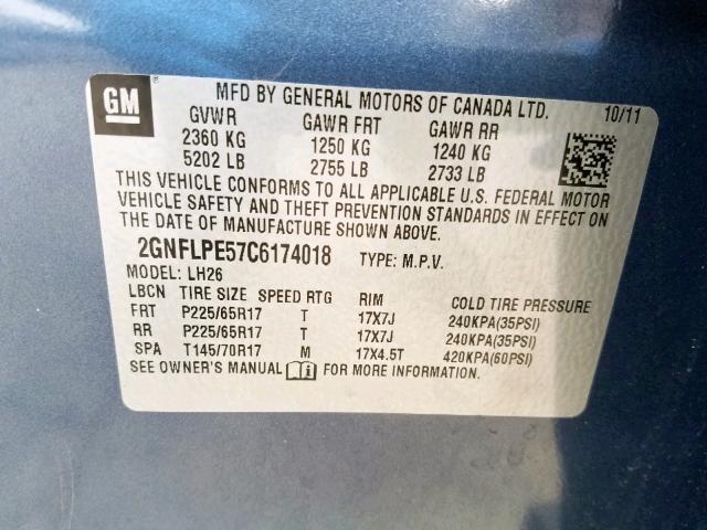 2GNFLPE57C6174018 - 2012 CHEVROLET EQUINOX LT BLUE photo 10