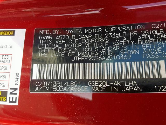 JTHFF2C26A2510469 - 2010 LEXUS IS 250 RED photo 10