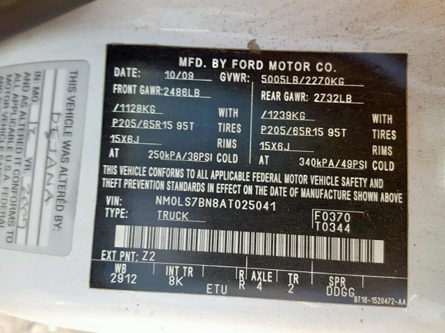 NM0LS7BN8AT025041 - 2010 FORD TRANSIT CO WHITE photo 10