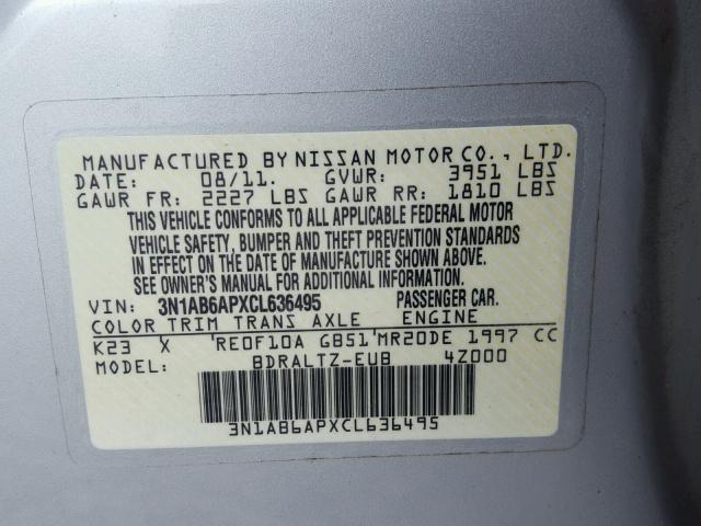 3N1AB6APXCL636495 - 2012 NISSAN SENTRA 2.0 SILVER photo 10