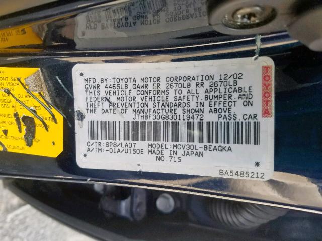 JTHBF30G830119472 - 2003 LEXUS ES 300 BLUE photo 10