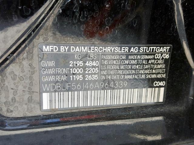 WDBUF56J46A964339 - 2006 MERCEDES-BENZ E 350 BLACK photo 10