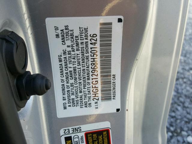 2HGFG12968H501426 - 2008 HONDA CIVIC EXL SILVER photo 10