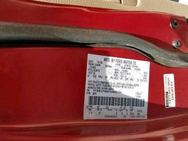 1FMEU74847UA60154 - 2007 FORD EXPLORER E RED photo 10