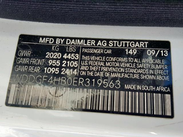 WDDGF4HB0ER319563 - 2014 MERCEDES-BENZ C 250 WHITE photo 10