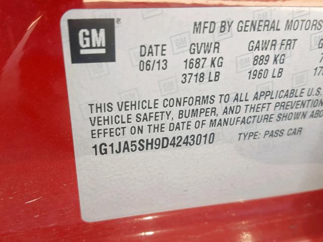 1G1JA5SH9D4243010 - 2013 CHEVROLET SONIC LS 红色 照片 10