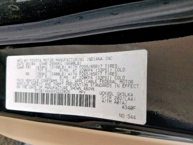 5TDBT48A94S222026 - 2004 TOYOTA SEQUOIA LI BLACK photo 10