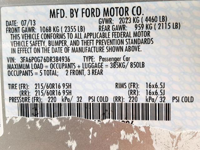 3FA6P0G76DR384936 - 2013 FORD FUSION S WHITE photo 10