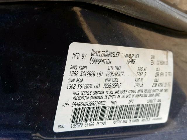 2A4GM48496R716969 - 2006 CHRYSLER PACIFICA BLUE photo 10