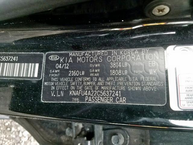 KNAFU4A22C5637241 - 2012 KIA FORTE EX BLACK photo 10