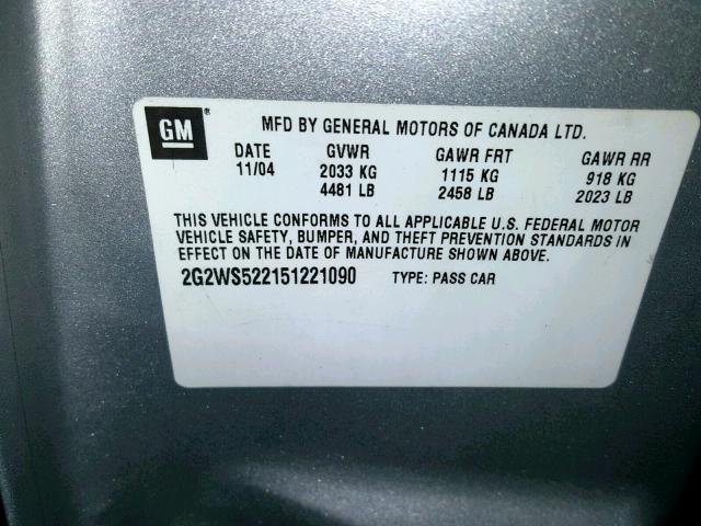 2G2WS522151221090 - 2005 PONTIAC GRAND PRIX SILVER photo 10