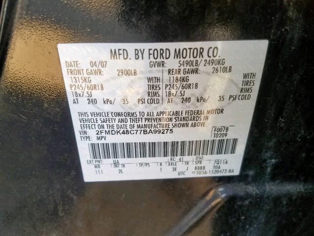 2FMDK48C77BA99275 - 2007 FORD EDGE SEL BLACK photo 10