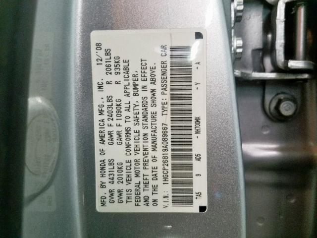 1HGCP26819A089667 - 2009 HONDA ACCORD EXL GRAY photo 10