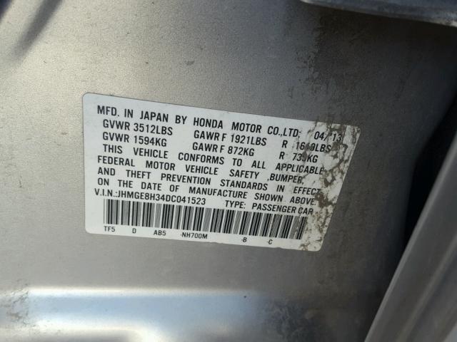 JHMGE8H34DC041523 - 2013 HONDA FIT SILVER photo 10