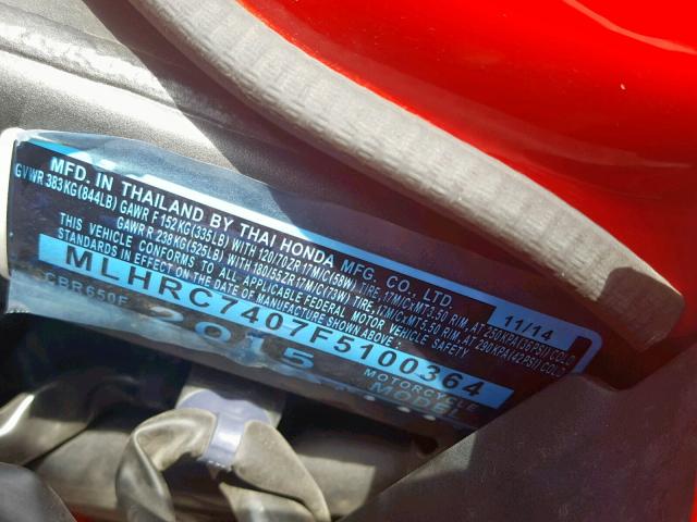 MLHRC7407F5100364 - 2015 HONDA CBR650 F RED photo 10