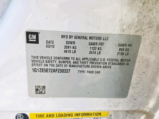 1G1ZE5E72AF238337 - 2010 CHEVROLET MALIBU LTZ თეთრი ფოტო 10