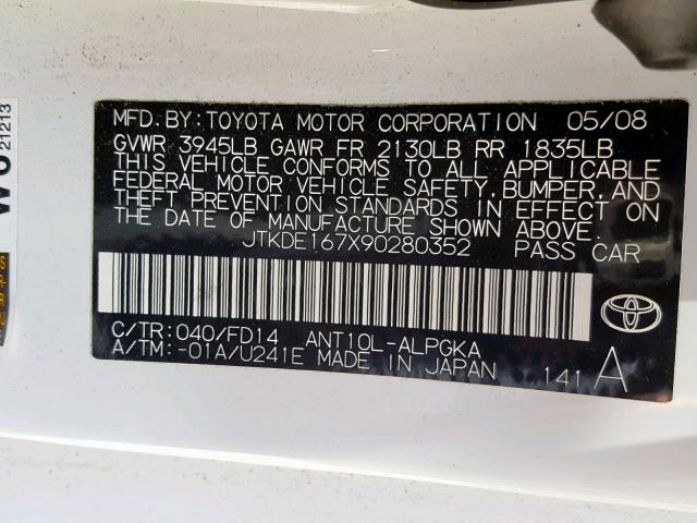 JTKDE167X90280352 - 2009 TOYOTA SCION TC თეთრი ფოტო 10