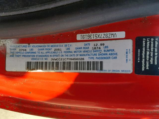 3VWCC21C7YM456026 - 2000 VOLKSWAGEN NEW BEETLE წითელი ფოტო 10