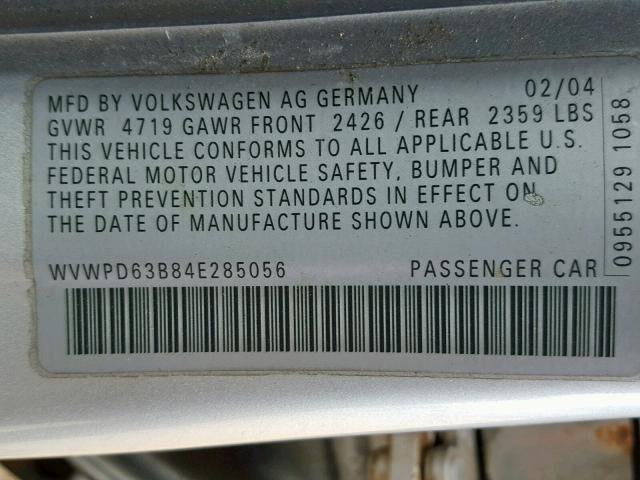 WVWPD63B84E285056 - 2004 VOLKSWAGEN PASSAT GLS SILVER photo 10