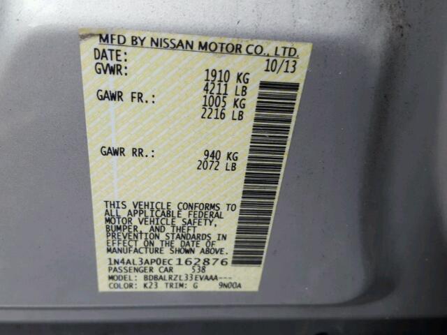 1N4AL3AP0EC162876 - 2014 NISSAN ALTIMA 2.5 SILVER photo 10