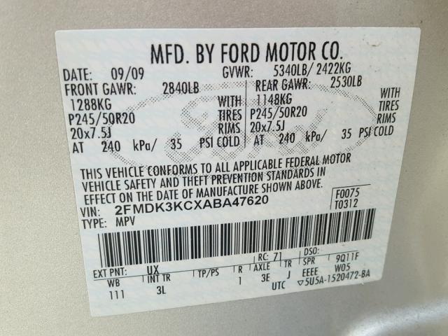 2FMDK3KCXABA47620 - 2010 FORD EDGE LIMIT SILVER photo 10