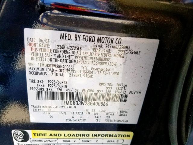 1FMDK03W28GA00866 - 2008 FORD TAURUS X L BLACK photo 10