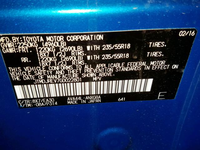 JTMDJREV7GD022801 - 2016 TOYOTA RAV4 HV LI BLUE photo 10