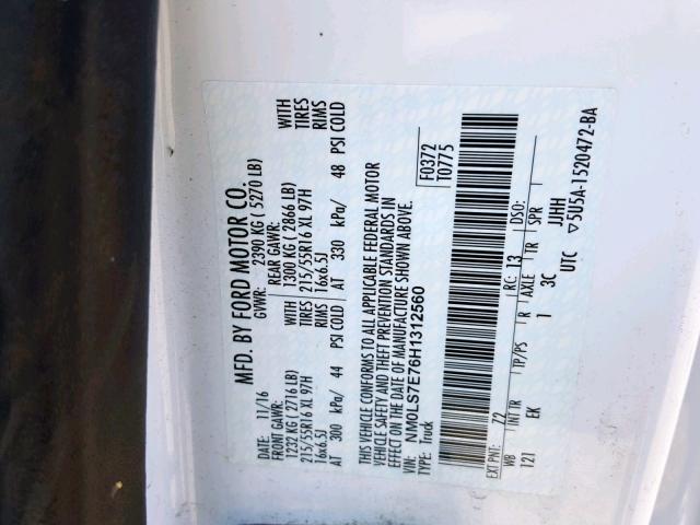 NM0LS7E76H1312560 - 2017 FORD TRANSIT CO WHITE photo 10