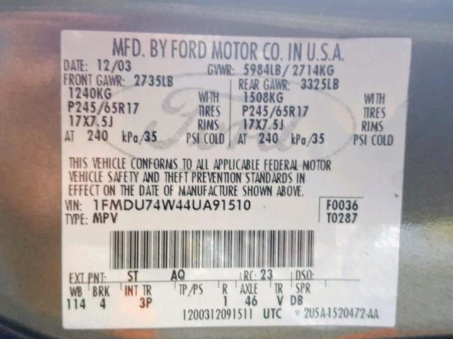 1FMDU74W44UA91510 - 2004 FORD EXPLORER E GREEN photo 10