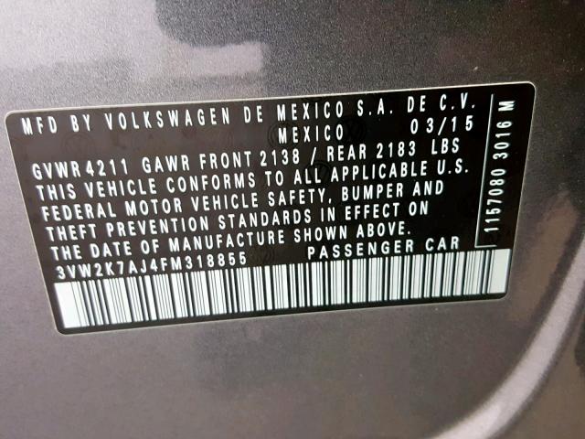 3VW2K7AJ4FM318855 - 2015 VOLKSWAGEN JETTA BASE 灰色 照片 10
