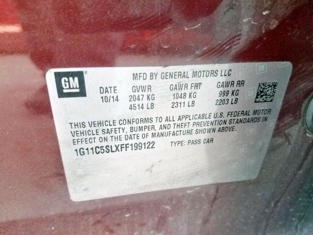 1G11C5SLXFF199122 - 2015 CHEVROLET MALIBU 1LT ბურგუნდია ფოტო 10