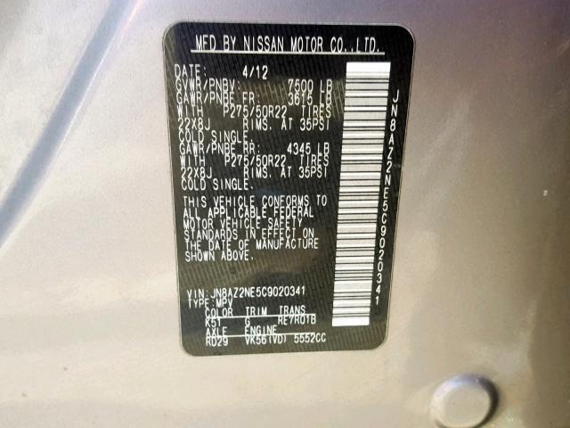 JN8AZ2NE5C9020341 - 2012 INFINITI QX56 SILVER photo 10