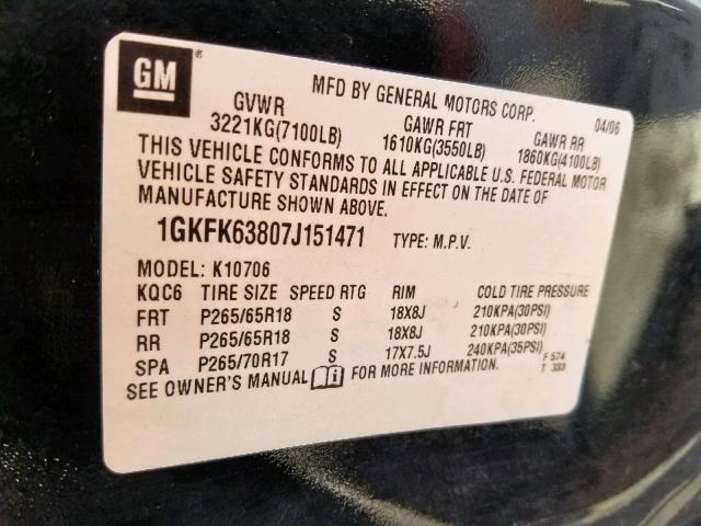 1GKFK63807J151471 - 2007 GMC YUKON DENA BLACK photo 10