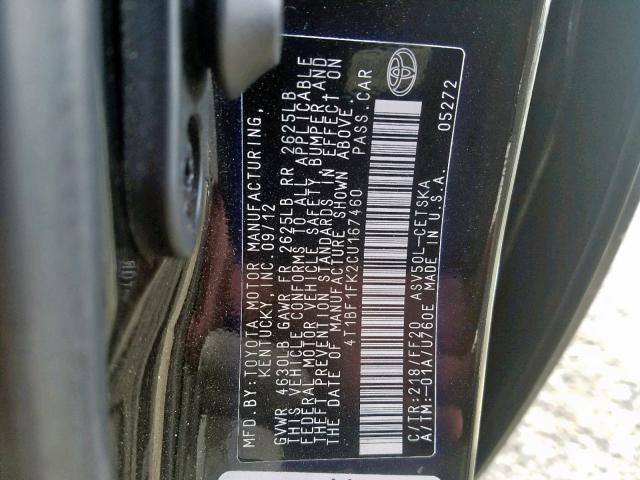 4T1BF1FK2CU167460 - 2012 TOYOTA CAMRY BASE BLACK photo 10