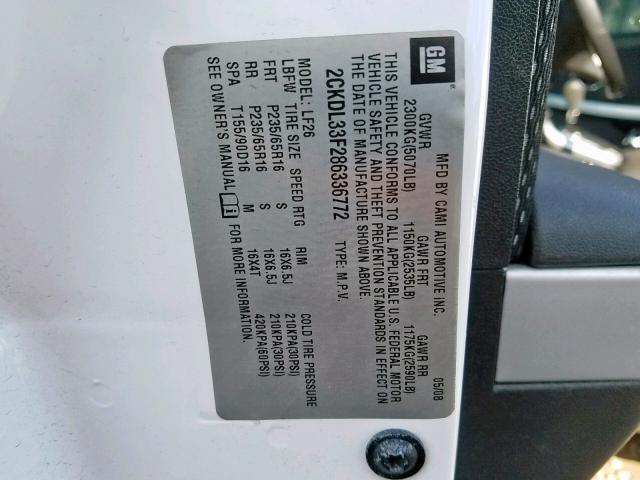 2CKDL33F286336772 - 2008 PONTIAC TORRENT WHITE photo 10