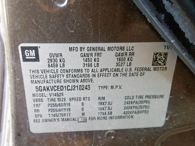 5GAKVCED1CJ210243 - 2012 BUICK ENCLAVE BROWN photo 10